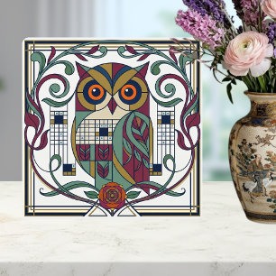 Whimsical Geometric Owl Art Nouveau Floral Ceramic Tile