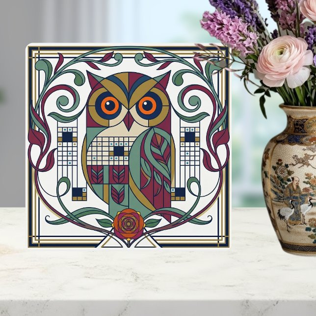Whimsical Geometric Owl Art Nouveau Floral Ceramic Tile (Creator Uploaded)