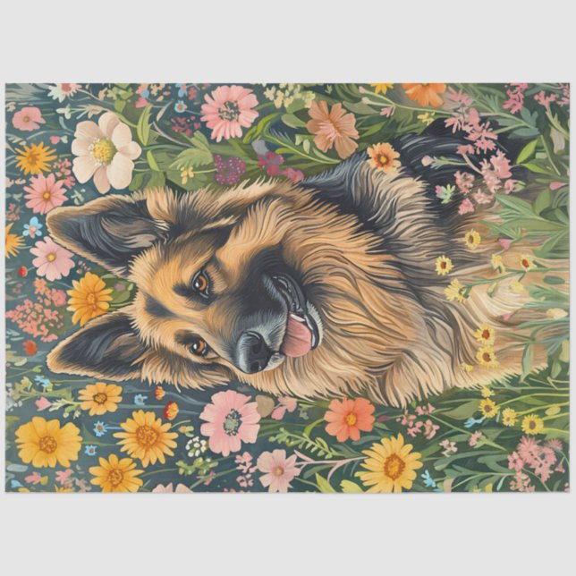 Whimsical German Shepherd in a Flower Garden Tissue Paper (Front)