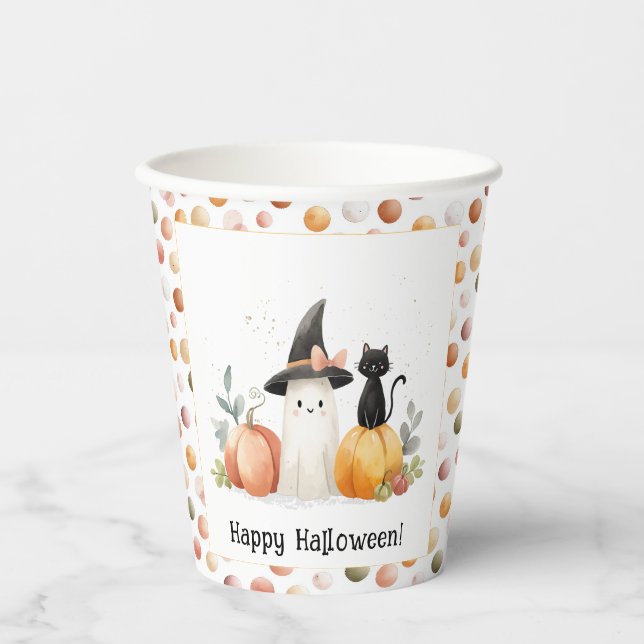 Whimsical Ghost and Black Cat Halloween Paper Cups (Front)