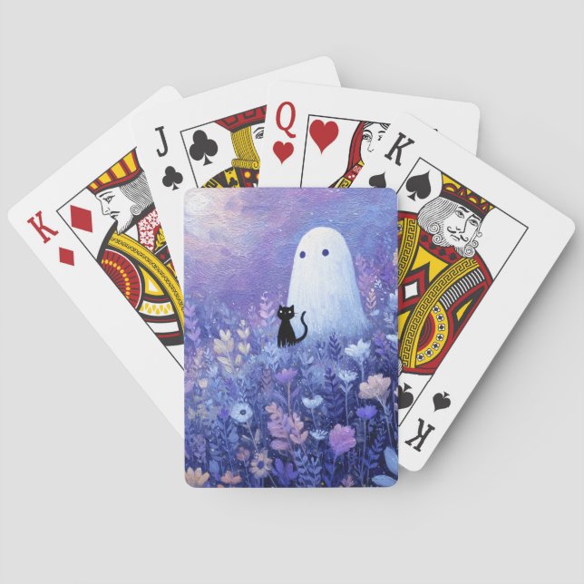 Whimsical Ghost and Cat in Twilight Meadow Playing Cards (Back)