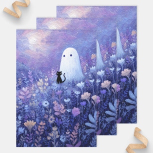 Whimsical Ghost and Cat in Twilight Meadow Wrapping Paper Sheet