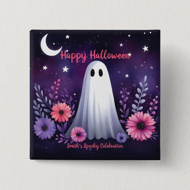 Whimsical Ghost and Floral Spooky Pink Purple 15 Cm Square Badge (Front)