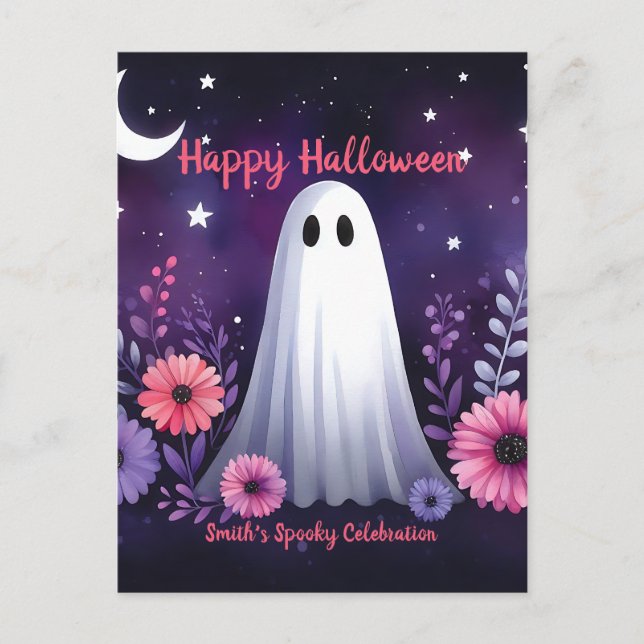 Whimsical Ghost and Floral Spooky Pink Purple Postcard (Front)