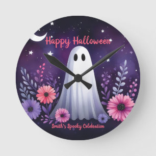 Whimsical Ghost and Floral Spooky Pink Purple Round Clock
