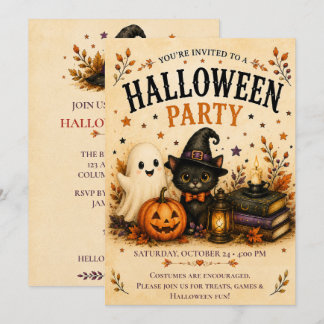 Whimsical Ghost Black Cat Halloween Party Invitation
