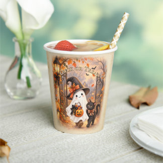 Whimsical Ghost & Black Cat Halloween Party Paper Cups