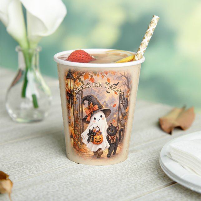 Whimsical Ghost & Black Cat Halloween Party Paper Cups (Insitu)