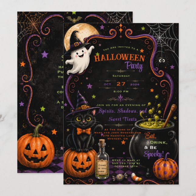 Whimsical Ghost Black Kitten Pumpkins Halloween | Invitation (Front/Back)