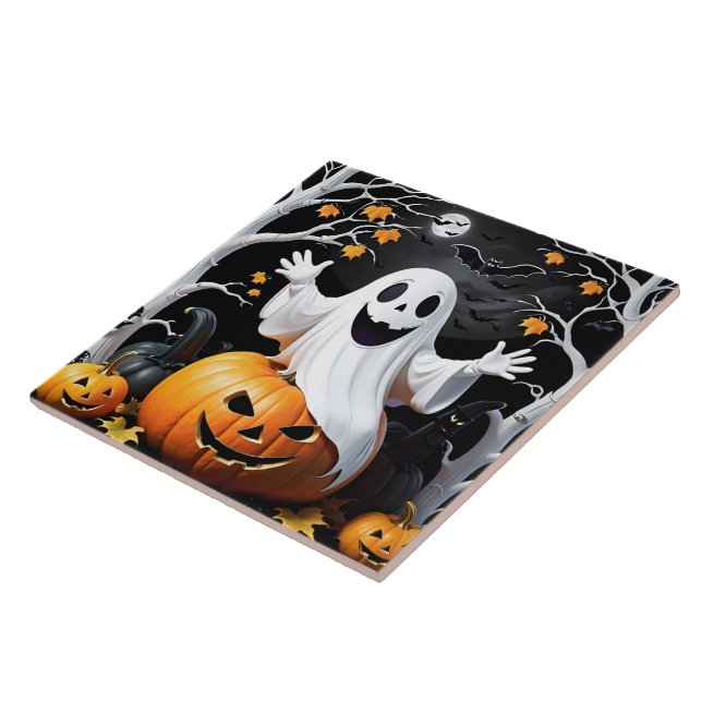 Whimsical ghost celebrates Halloween by a pumpkin Tile (Side)