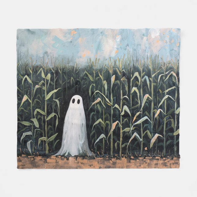 Whimsical Ghost Corn Field Painting Fleece Blanket (Front (Horizontal))