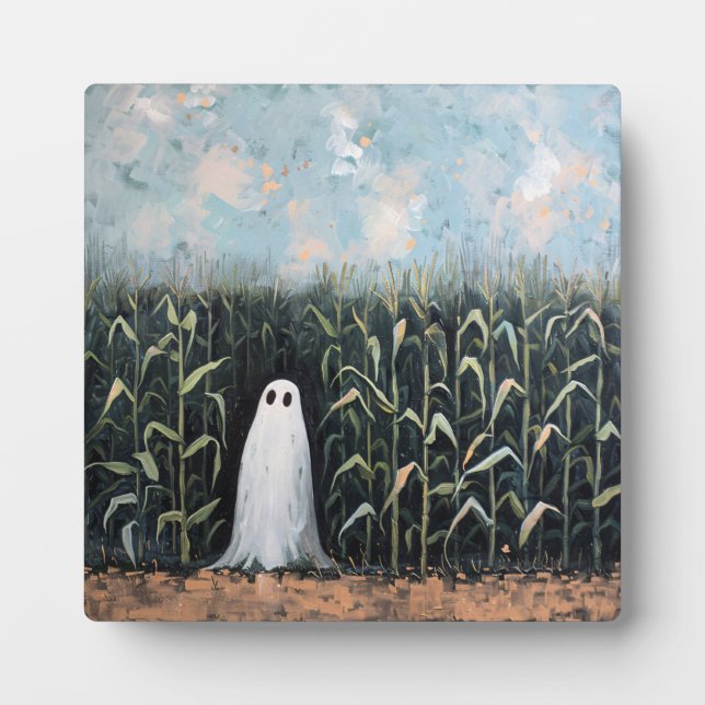 Whimsical Ghost Corn Field Painting Plaque (Front)