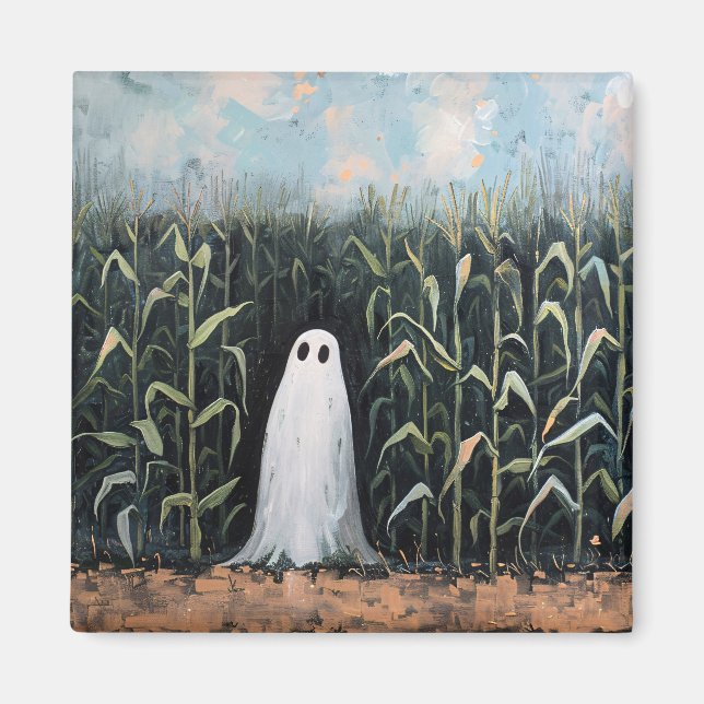 Whimsical Ghost Corn Field Painting Square Magnet (Front)