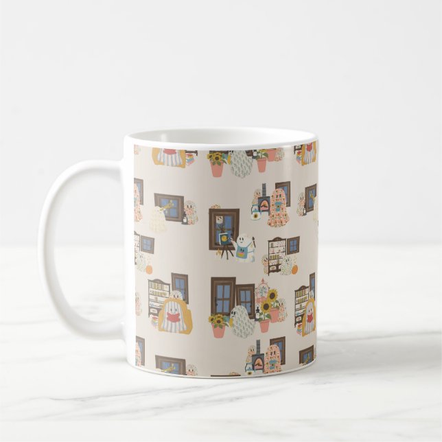 Whimsical Ghost Cottage Pattern Mug | Cozy Autumn  (Left)