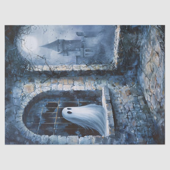 Whimsical Ghost Haunted Castle Decoupage Tissue Paper (Front)