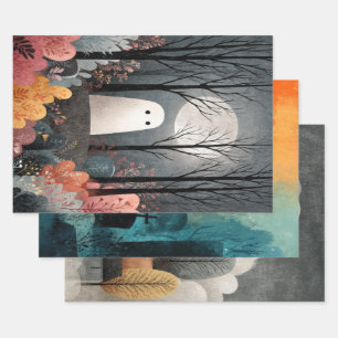 Whimsical Ghost Illustration Spooky Cute Halloween Wrapping Paper Sheet