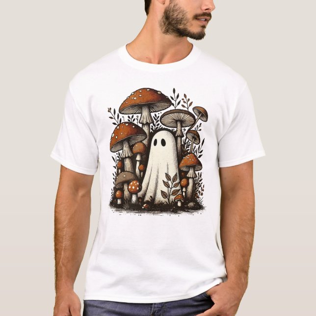 Whimsical Ghost in Mushroom Forest Graphic T-Shirt (Front)