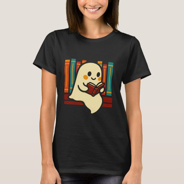 Whimsical Ghost Reading Book T-Shirt (Front)