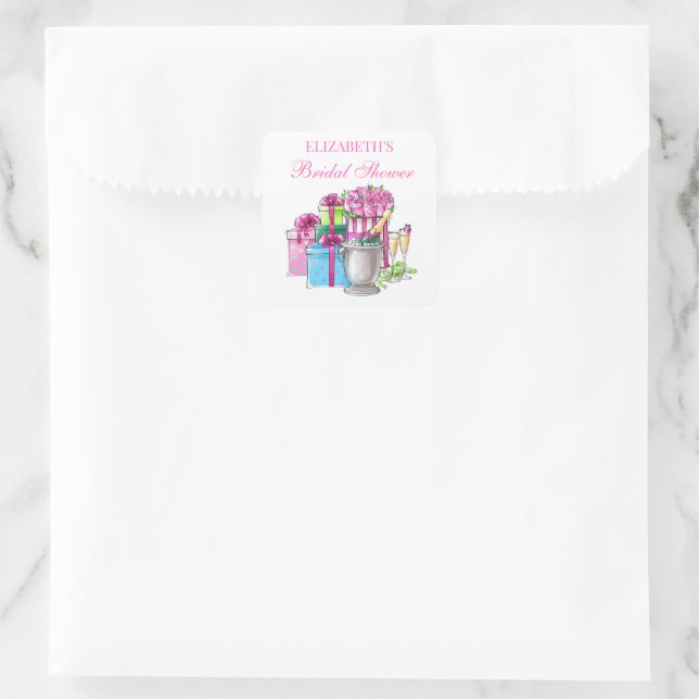 Whimsical Gifts Champagne Roses Bridal Shower Square Sticker (Bag)