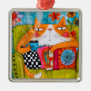 Whimsical Ginger Cat with Cup of Tea Metal Tree Decoration