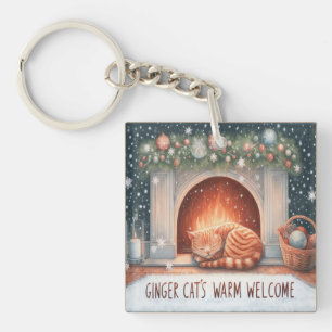 Whimsical Ginger Cat's Warm Welcome Christmas Key Ring