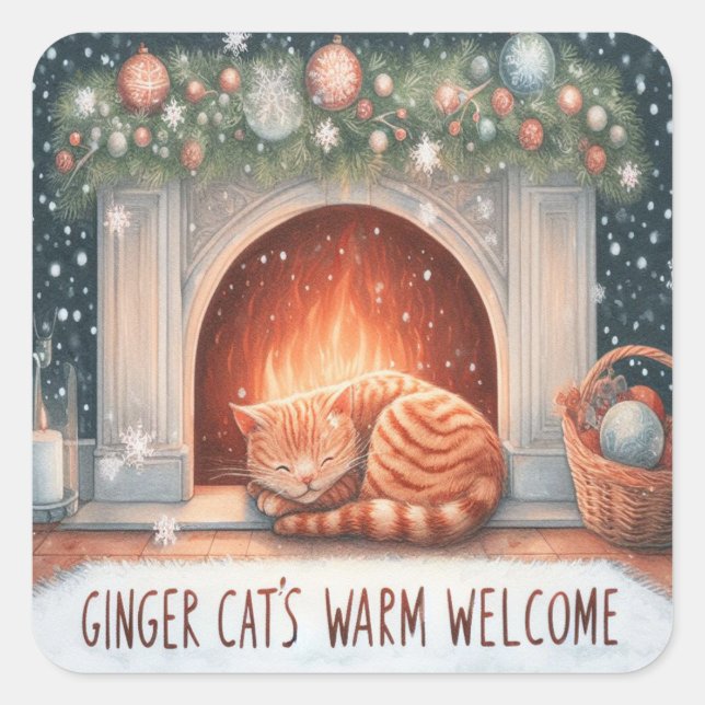 Whimsical Ginger Cat's Warm Welcome Christmas Square Sticker (Front)