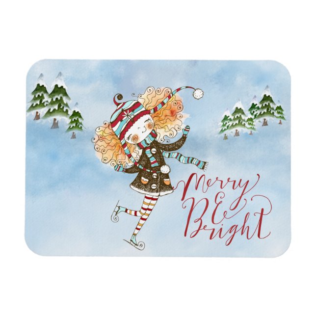 Whimsical Ginger Hair Ice Skater Holiday Magnet (Horizontal)