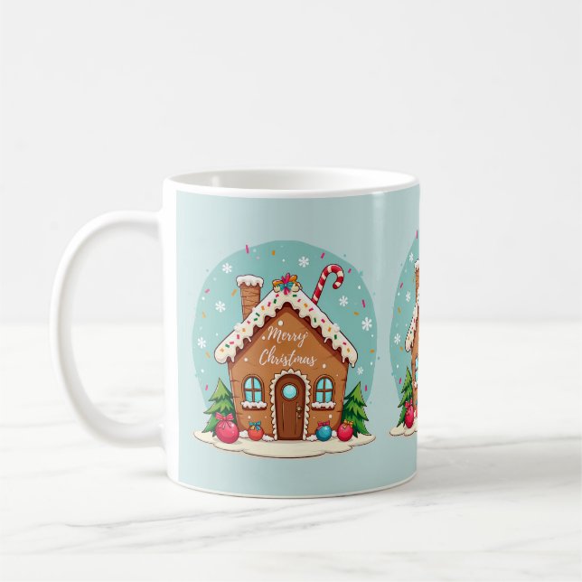 Whimsical Gingerbread House Christmas Scene Coffee Mug (Left)