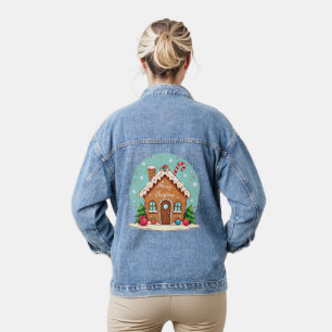 Whimsical Gingerbread House Christmas Scene Denim Jacket