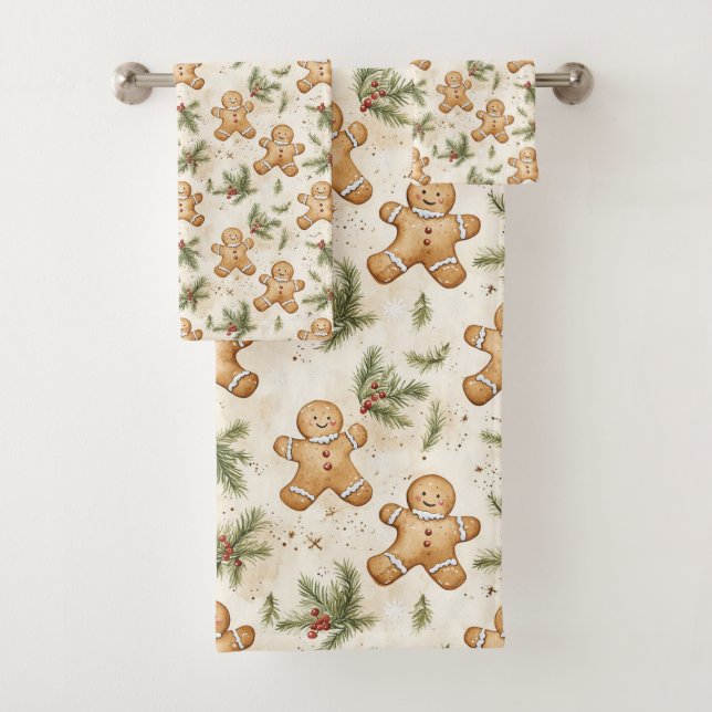 Whimsical Gingerbread & Pine Holiday Pattern Bath Towel Set (Insitu)