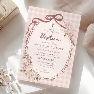 Whimsical Gingham Blush Pink Floral Girl Baptism Invitation