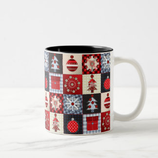 Whimsical Gingham Christmas Patchwork Qui Two-Tone Coffee Mug