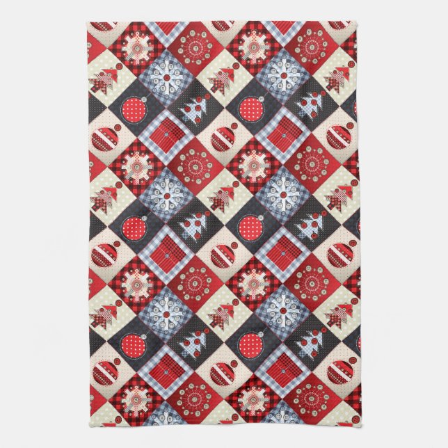 Whimsical Gingham Christmas Patchwork Quilt Tea Towel (Vertical)