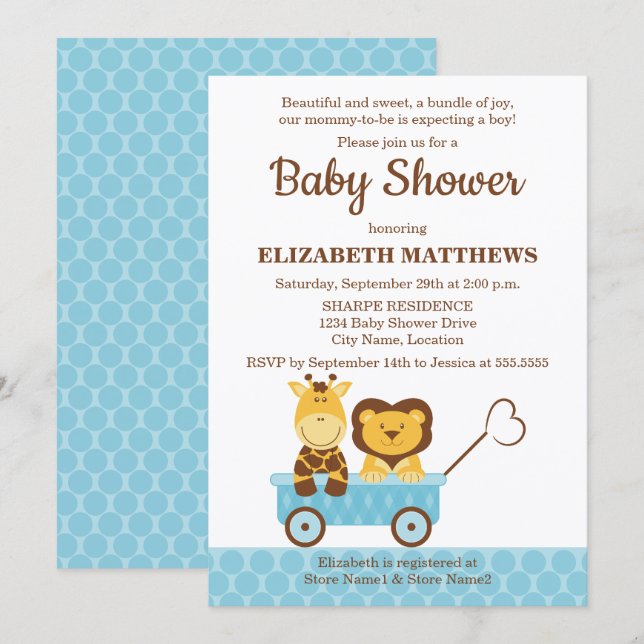 Whimsical Giraffe and Lion Baby Shower Invitation (Front/Back)