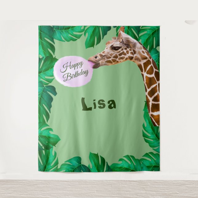 Whimsical Giraffe Bubble Gum Birthday Backdrop Tapestry (Front)