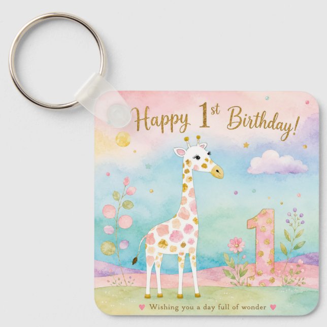 Whimsical Giraffe First Birthday Wonder Key Ring (Front)