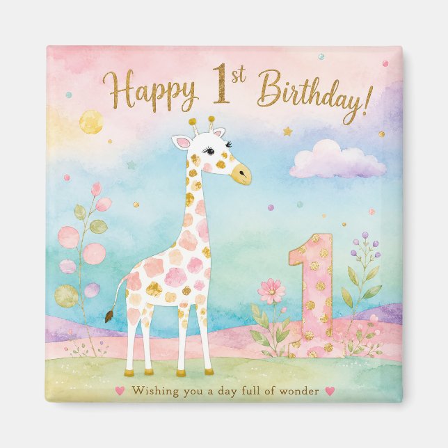 Whimsical Giraffe First Birthday Wonder Magnet (Front)