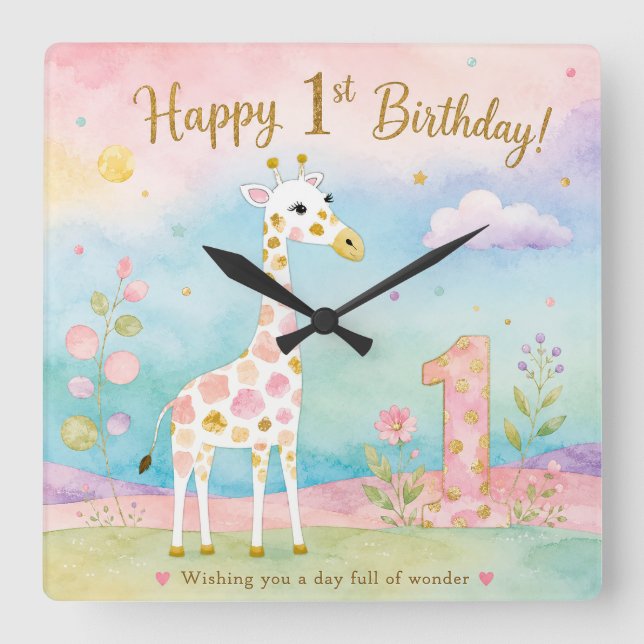 Whimsical Giraffe First Birthday Wonder Square Wall Clock (Front)