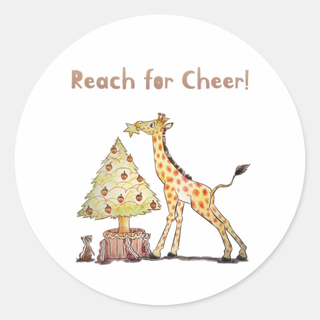 Whimsical Giraffe Holiday Tree Drawing Classic Round Sticker (Front)