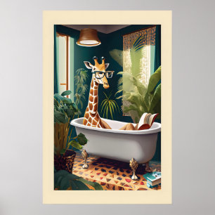 Whimsical Giraffe in Bathtub Watercolor Print