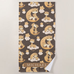 Whimsical Giraffe on Clouds Pattern Custom Name Beach Towel