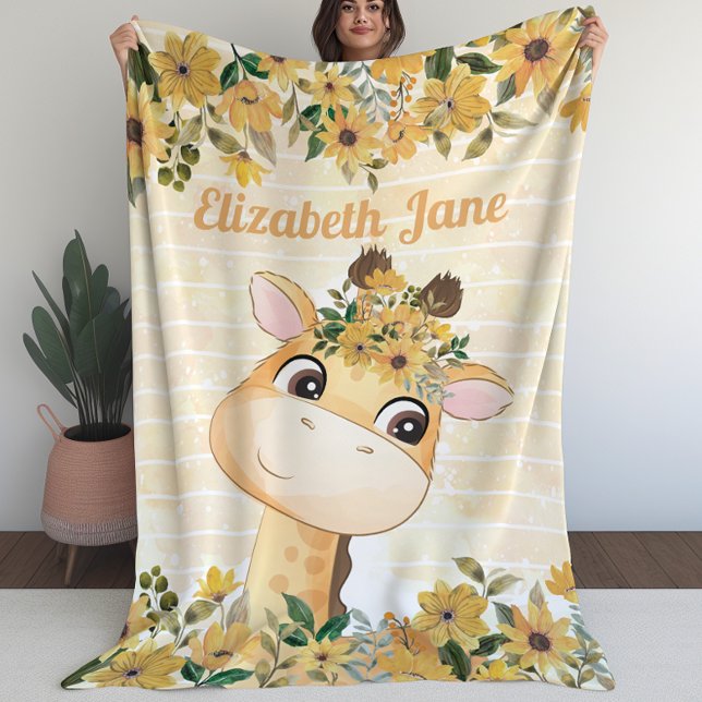 Whimsical Giraffe with Sunflowers + Custom Name Fleece Blanket (Whimsical Giraffe with Sunflowers + Custom Name Fleece Blanket (L))
