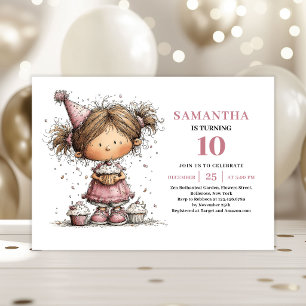 Whimsical Girl 10th Birthday Invitation Dusty Pink