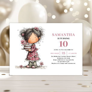Whimsical Girl 10th Birthday Invitation Pink