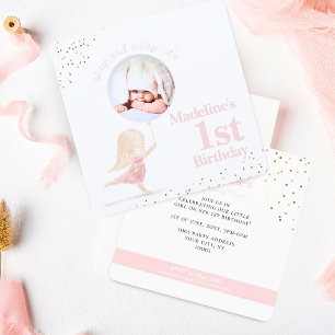 Whimsical Girl 1st Birthday Blush Pink Gold Photo Invitation