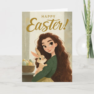 Whimsical Girl and Baby Bunny Easter Greeting Card