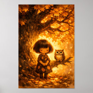 Whimsical Girl and Owl - Oak Tree Autumn Fall Oil Poster