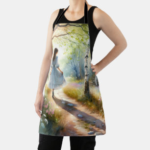 Whimsical Girl Dancing Through Birch Forest Apron