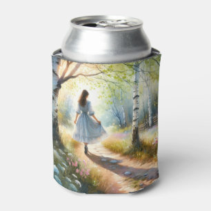 Whimsical Girl Dancing Through Birch Forest Can Cooler