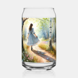 Whimsical Girl Dancing Through Birch Forest Can Glass